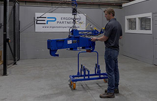 Custom pneumatic gripper tool developed by Ergonomic Partners for for lifting 200 lb electric vehicle batteries.